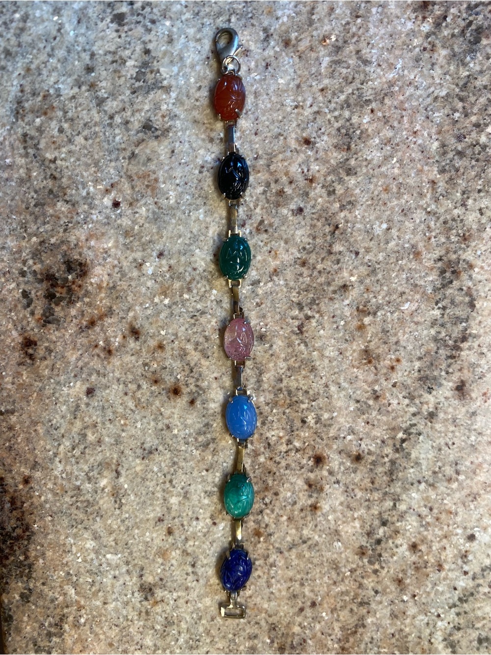 Vintage Multi-Color Scarab Carved Stone Link Bracelet - Women Jewelry